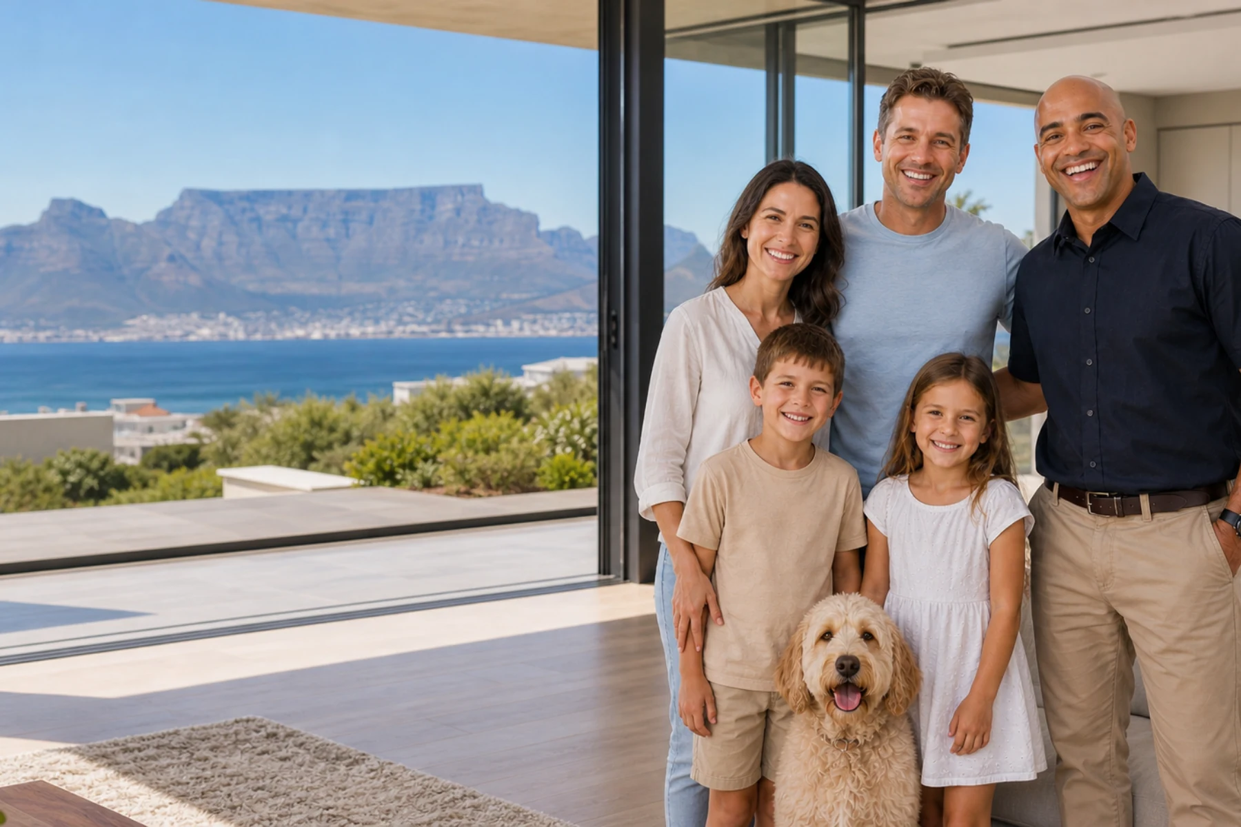 Verminator pest control technician with a Cape Town family and pet in a home overlooking Table Mountain